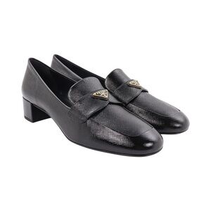 Prada Black Leather Loafers with Gold Accent